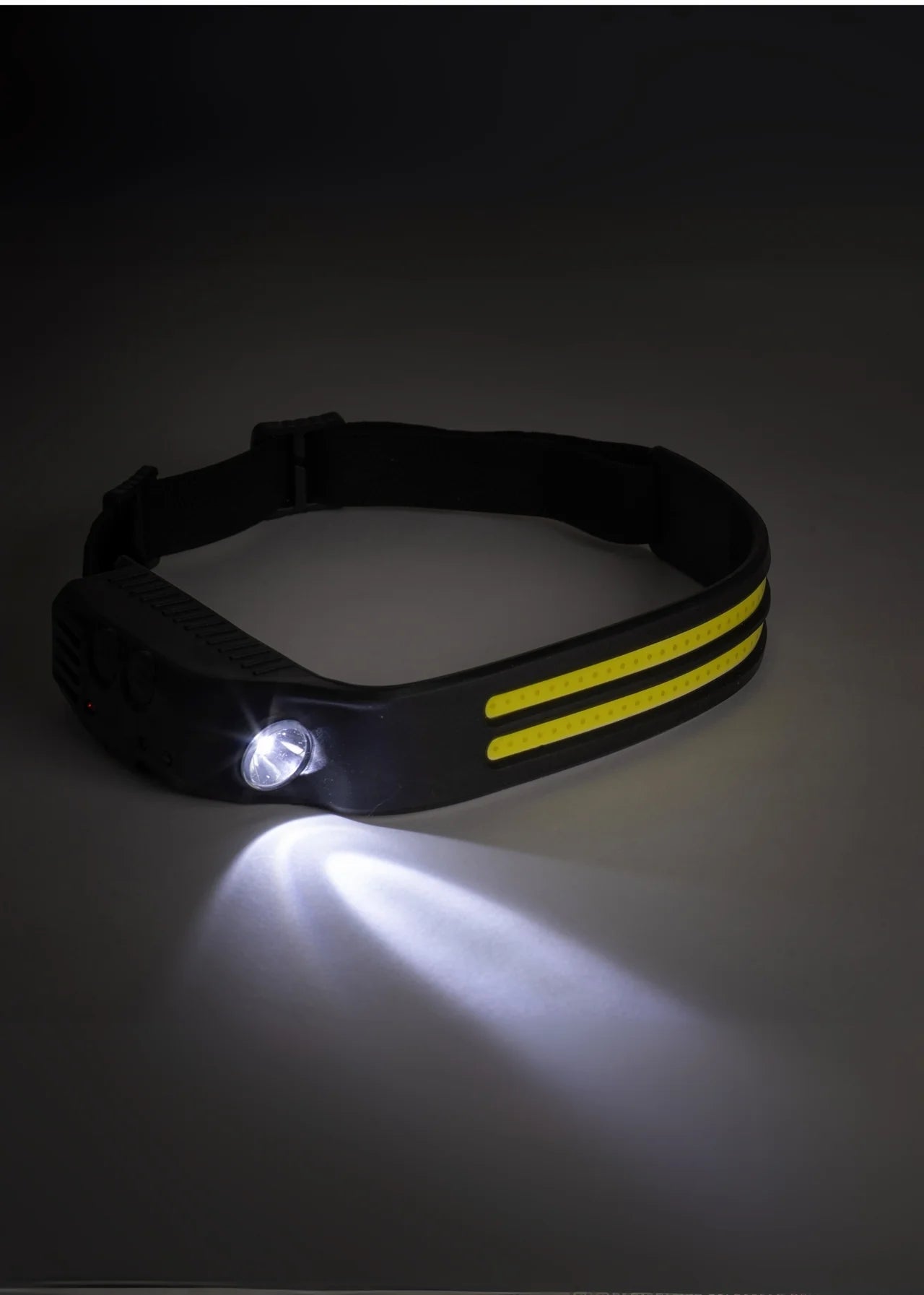 Black headlamp with a yellow stripe on a dark background